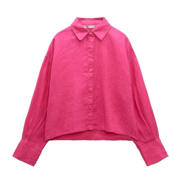 ⭕️ ZARA Shirt Linen Pink Cropped Small - Picture 1 of 5